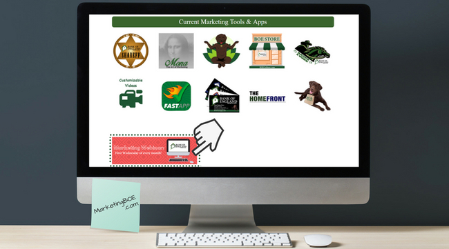 Picture of several icons on computer screen. From left to right: Top Row: Shareff logo, Mona logo, BOE dog logo, BOE Store logo, BOE man on horse logo. Bottom row: Customizeable videos icon, FastApp logo, BOE business cards logo, Homefront logo, BOE dog holding bag icon. Bottom Marketing graphic with hand mouse image 